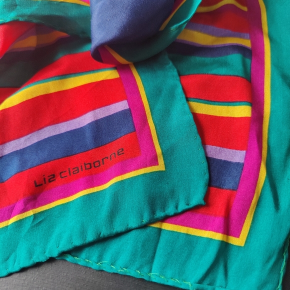 Vintage Liz Claiborne Silk Scarf 🧣 Navy Blue, Emerald Green & stripes - Picture 2 of 7